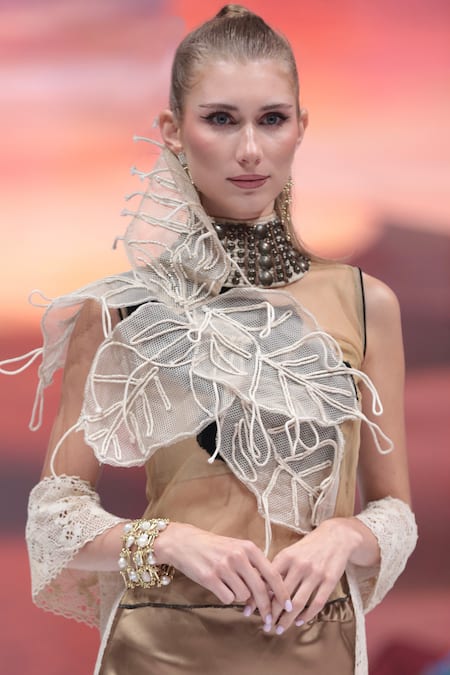 Rina Dhaka_Gold Mesh Lace, Embroidery Asymmetric 3d Structure Top _Online_at_Aza_Fashions