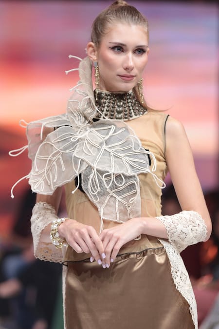 Buy_Rina Dhaka_Gold Mesh Lace, Embroidery Asymmetric 3d Structure Top _Online_at_Aza_Fashions