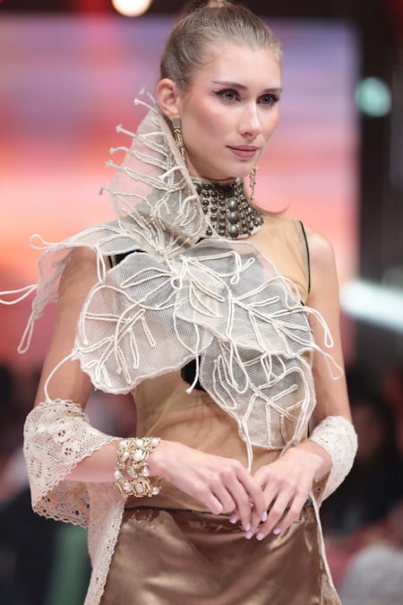 Rina Dhaka 3D Structure Golden Mesh Top 