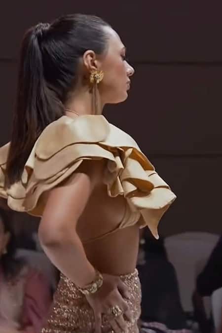 Rina Dhaka Gold Silk Satin Cape Blouse 