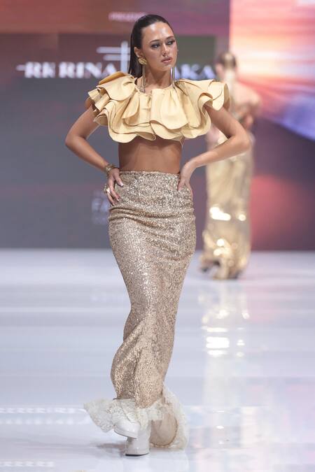 Rina Dhaka_Gold Silk Satin Round Neck Cape Blouse _Online_at_Aza_Fashions