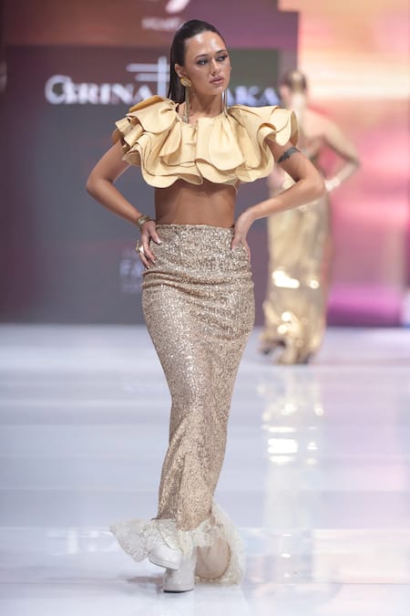 Rina Dhaka Gold Sequined Skirt 