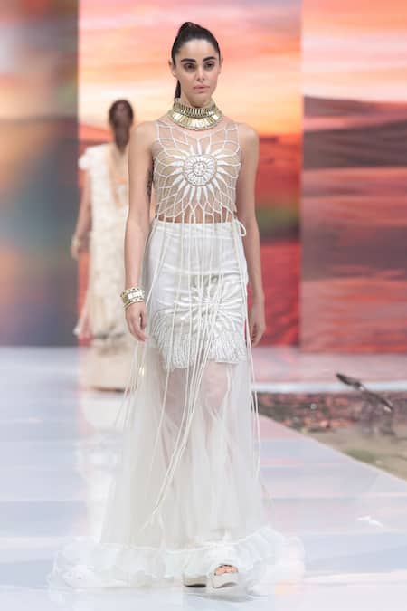 Rina Dhaka White Net Embroidery Scoop Neck Chakra Top