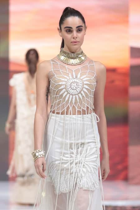 Rina Dhaka_White Net Embroidery Scoop Neck Chakra Top _Online_at_Aza_Fashions