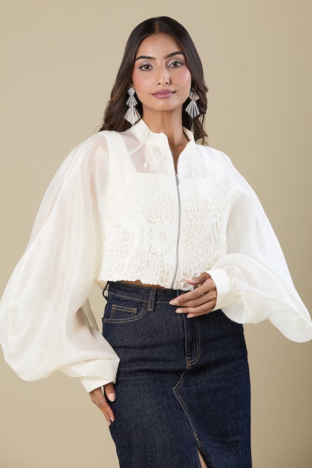 Pankaj & Nidhi Off White Embroidery High Neck Jacket
