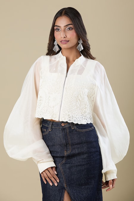 Pankaj & Nidhi Off White Embroidery High Neck Jacket Online at Aza Fashions Pankaj & Nidhi_Off White Embroidery High Neck Jacket _Online_at_Aza_Fashions