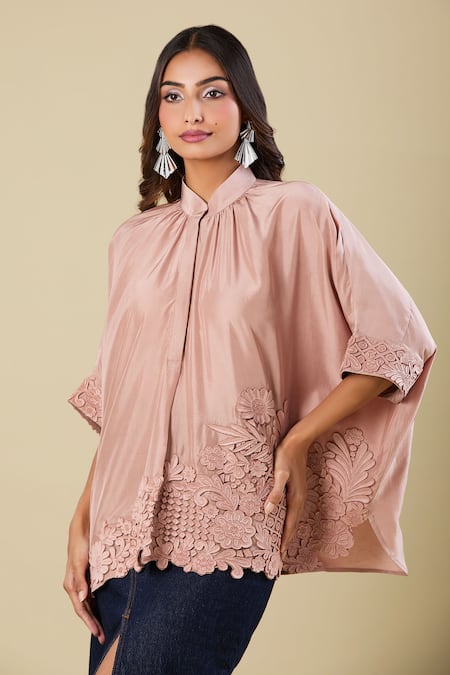 Pankaj & Nidhi Brown Embroidery Mandarin Collar Cape Top