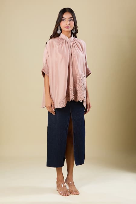 Pankaj & Nidhi Brown Embroidery Mandarin Collar Cape Top Online at Aza Fashions Pankaj & Nidhi_Brown Embroidery Mandarin Collar Cape Top _Online_at_Aza_Fashions