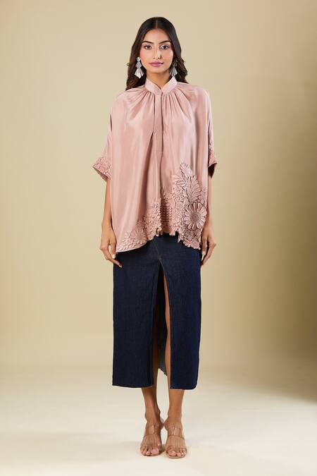 Buy Pankaj & Nidhi Brown Embroidery Mandarin Collar Cape Top Online at Aza Fashions Buy_Pankaj & Nidhi_Brown Embroidery Mandarin Collar Cape Top _Online_at_Aza_Fashions