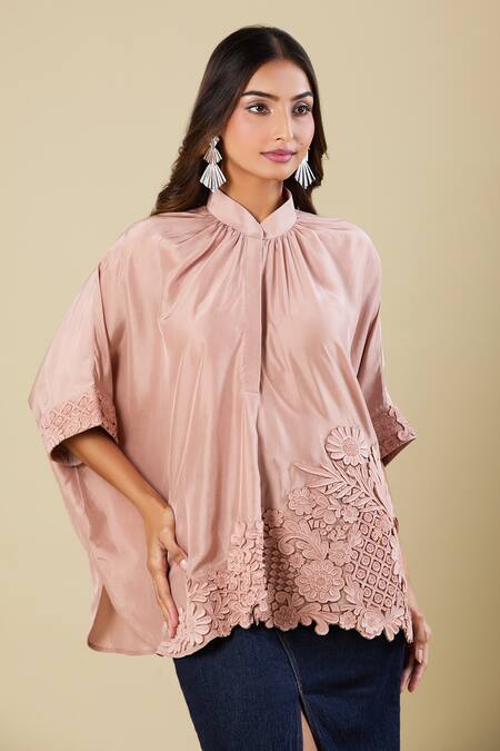 Pankaj & Nidhi Brown Embroidery Mandarin Collar Cape Top at Aza Fashions Pankaj & Nidhi_Brown Embroidery Mandarin Collar Cape Top _at_Aza_Fashions