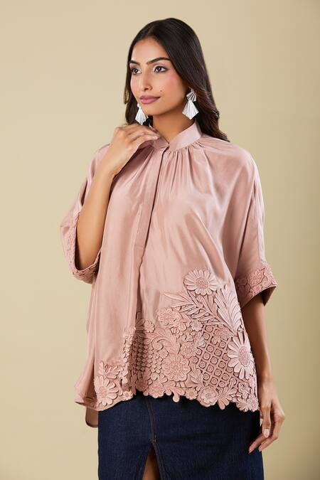 Buy Pankaj & Nidhi Brown Embroidery Mandarin Collar Cape Top Buy_Pankaj & Nidhi_Brown Embroidery Mandarin Collar Cape Top