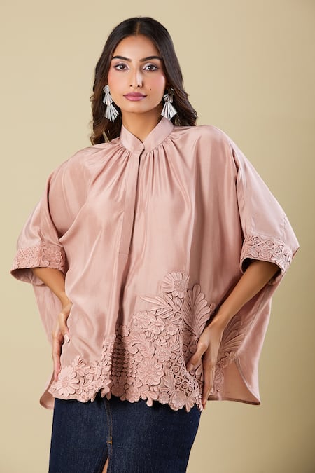 Shop Pankaj & Nidhi Brown Embroidery Mandarin Collar Cape Top Shop_Pankaj & Nidhi_Brown Embroidery Mandarin Collar Cape Top