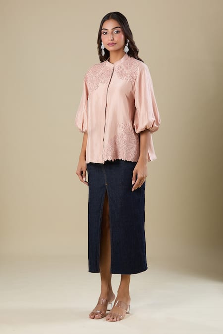 Pankaj & Nidhi_Beige Embroidery Collared Top _Online_at_Aza_Fashions