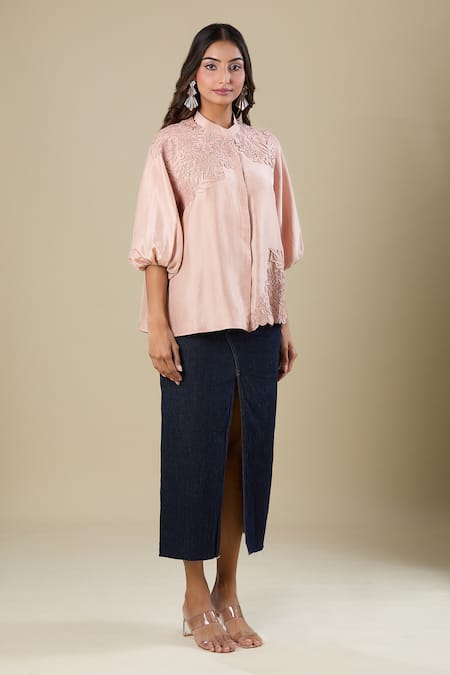 Buy_Pankaj & Nidhi_Beige Embroidery Collared Top _Online_at_Aza_Fashions