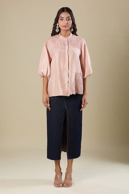 Shop_Pankaj & Nidhi_Beige Embroidery Collared Top _Online_at_Aza_Fashions