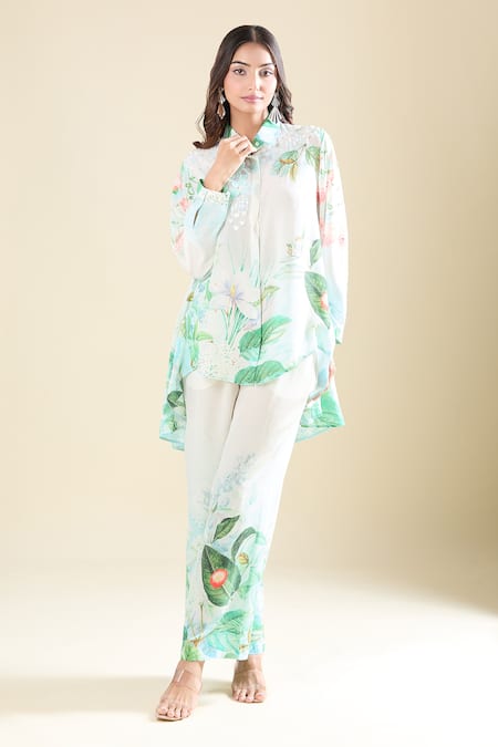 Buy_Pankaj & Nidhi_Multi Color Embroidery Collared Printed Shirt And Pant Set _Online_at_Aza_Fashions