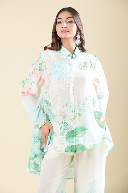 Shop_Pankaj & Nidhi_Multi Color Embroidery Collared Printed Shirt And Pant Set _Online_at_Aza_Fashions