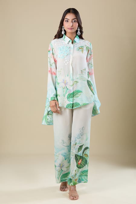 Pankaj & Nidhi_Multi Color Embroidery Collared Printed Shirt And Pant Set _at_Aza_Fashions