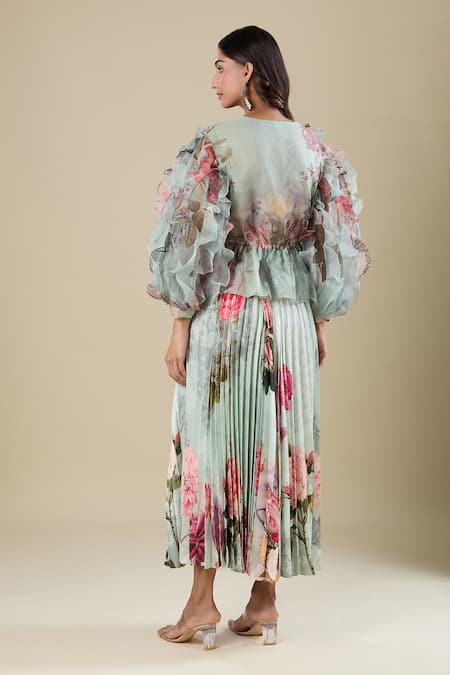 Pankaj & Nidhi Floral Pleated Top & Skirt Set 