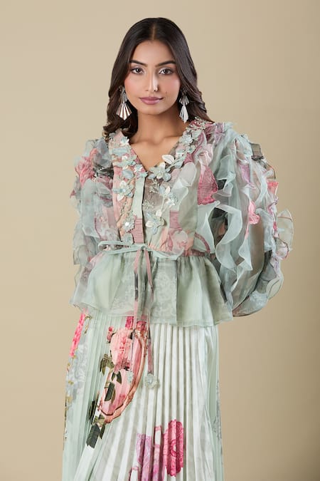 Buy Pankaj & Nidhi Multi Color Embroidery V-neck Floral Pleated Top And Skirt Set Online at Aza Fashions Buy_Pankaj & Nidhi_Multi Color Embroidery V-neck Floral Pleated Top And Skirt Set _Online_at_Aza_Fashions