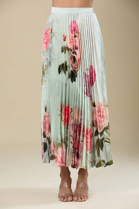 Shop Pankaj & Nidhi Multi Color Embroidery V-neck Floral Pleated Top And Skirt Set Online at Aza Fashions Shop_Pankaj & Nidhi_Multi Color Embroidery V-neck Floral Pleated Top And Skirt Set _Online_at_Aza_Fashions