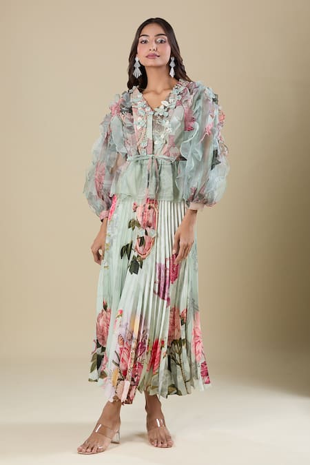 Pankaj & Nidhi Multi Color Embroidery V-neck Floral Pleated Top And Skirt Set at Aza Fashions Pankaj & Nidhi_Multi Color Embroidery V-neck Floral Pleated Top And Skirt Set _at_Aza_Fashions