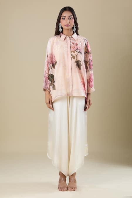 Pankaj & Nidhi_Pink Beads Collared Floral Printed Shirt _Online_at_Aza_Fashions