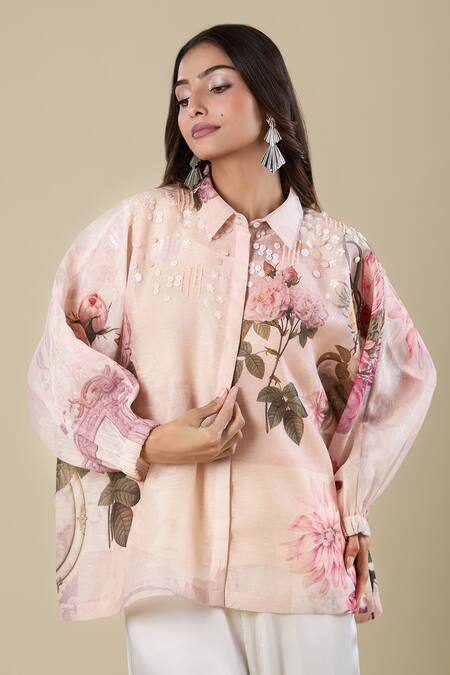 Buy_Pankaj & Nidhi_Pink Beads Collared Floral Printed Shirt _Online_at_Aza_Fashions
