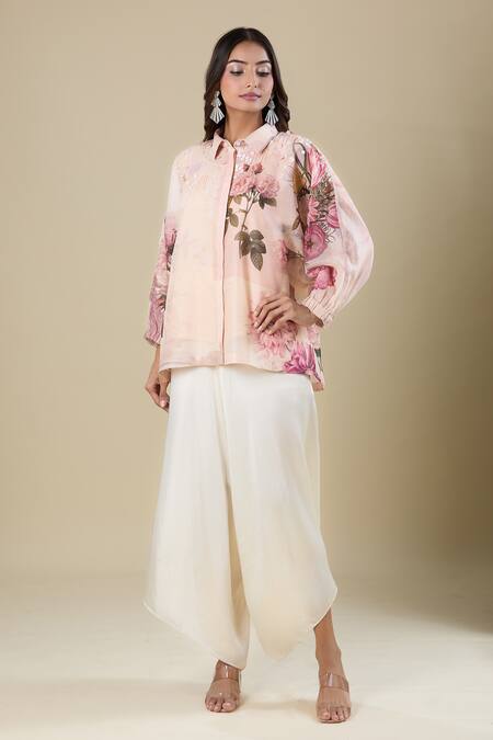 Shop_Pankaj & Nidhi_Pink Beads Collared Floral Printed Shirt _Online_at_Aza_Fashions