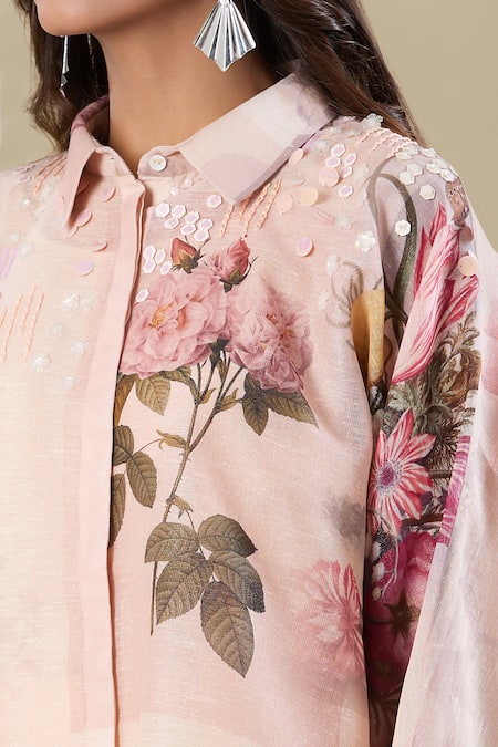 Pankaj & Nidhi_Pink Beads Collared Floral Printed Shirt _at_Aza_Fashions