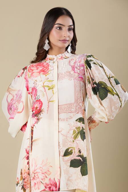 Pankaj & Nidhi_Pink Mandarin Collar Floral Print Asymmetrical Tunic _Online_at_Aza_Fashions