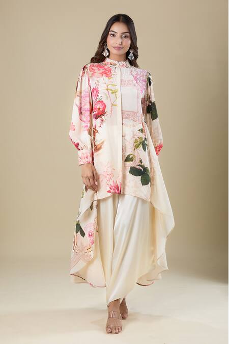Buy_Pankaj & Nidhi_Pink Mandarin Collar Floral Print Asymmetrical Tunic _Online_at_Aza_Fashions