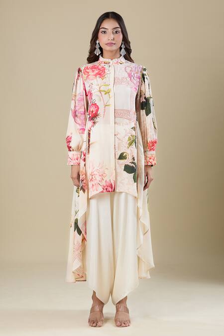 Shop_Pankaj & Nidhi_Pink Mandarin Collar Floral Print Asymmetrical Tunic _Online_at_Aza_Fashions