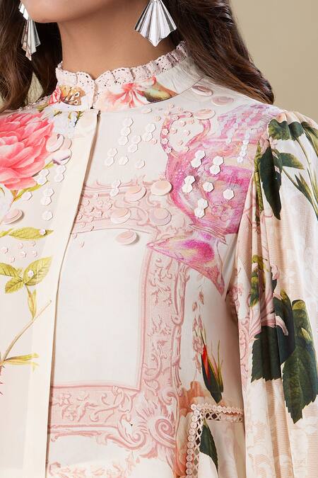 Pankaj & Nidhi_Pink Mandarin Collar Floral Print Asymmetrical Tunic _at_Aza_Fashions