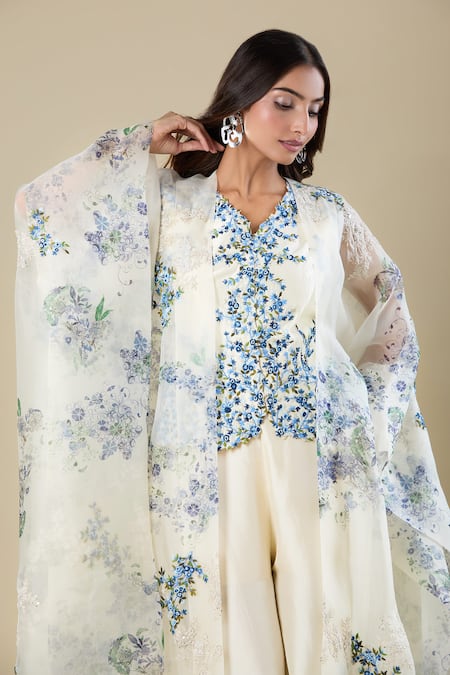 Buy Anamika Khanna Ivory Embroidery Open Neck, Cape Pant Set Online at Aza Fashions Buy_Anamika Khanna_Ivory Embroidery Open Neck, Cape Pant Set_Online_at_Aza_Fashions