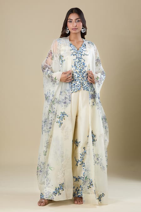 Anamika Khanna Ivory Embroidered Cape Pant Set 