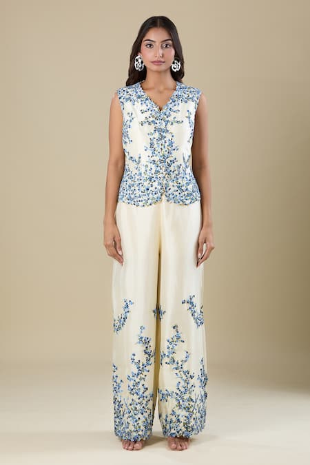 Shop Anamika Khanna Ivory Embroidery Open Neck, Cape Pant Set Online at Aza Fashions Shop_Anamika Khanna_Ivory Embroidery Open Neck, Cape Pant Set_Online_at_Aza_Fashions