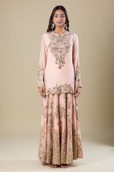 Anamika Khanna_Pink Sequins, Embroidery Round Neck Emb _Online_at_Aza_Fashions