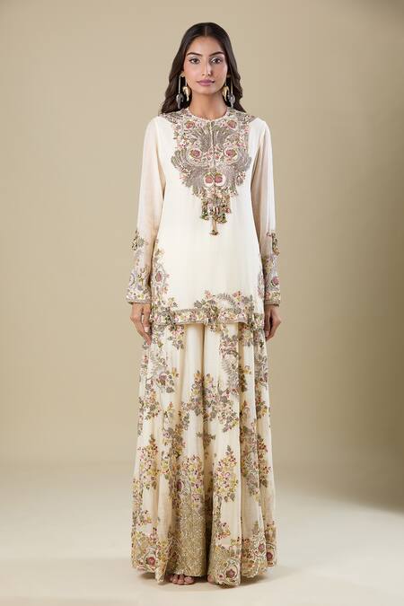 Anamika Khanna Ivory Cotton Embroidery Round Neck Kurta Set Online at Aza Fashions Anamika Khanna_Ivory Cotton Embroidery Round Neck Kurta Set_Online_at_Aza_Fashions