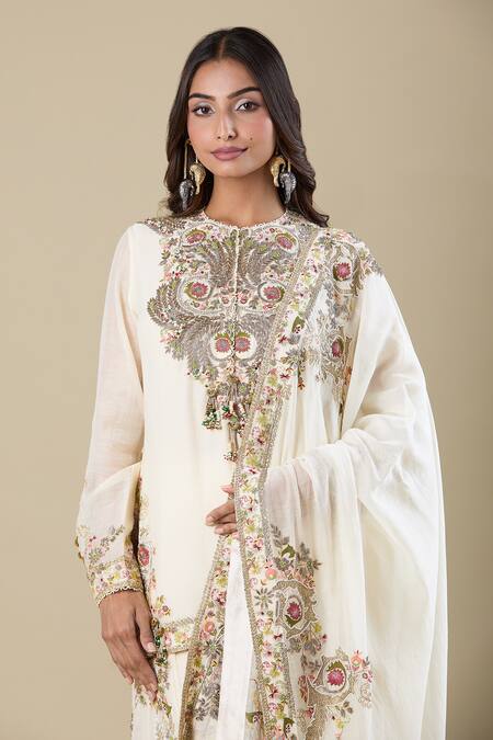 Anamika Khanna Ivory Cotton Embroidery Round Neck Kurta Set at Aza Fashions Anamika Khanna_Ivory Cotton Embroidery Round Neck Kurta Set_at_Aza_Fashions