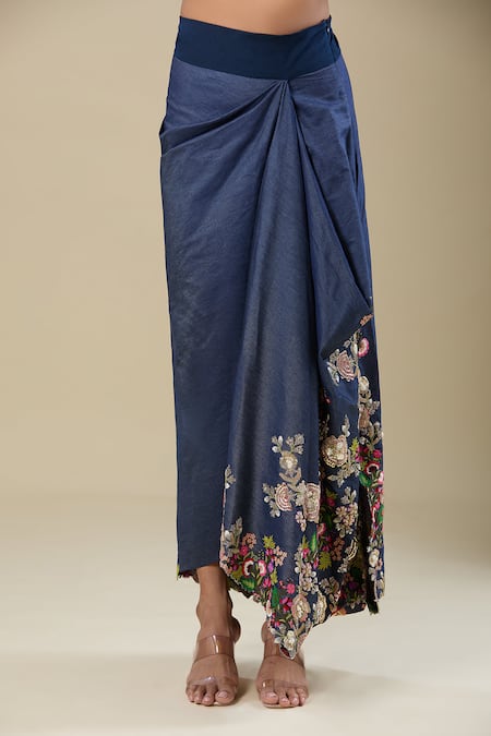 Anamika Khanna_Blue Denim Embroidery Asymmetric Skirt Set _Online_at_Aza_Fashions