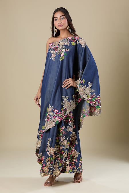 Buy_Anamika Khanna_Blue Denim Embroidery Asymmetric Skirt Set _Online_at_Aza_Fashions