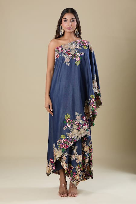 Shop_Anamika Khanna_Blue Denim Embroidery Asymmetric Skirt Set _Online_at_Aza_Fashions