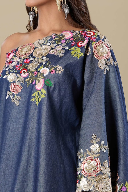 Buy_Anamika Khanna_Blue Denim Embroidery Asymmetric Skirt Set 