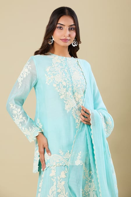 Buy_Anamika Khanna_Blue Embroidery Round Neck Aqua Kurta Sharara Set _Online_at_Aza_Fashions