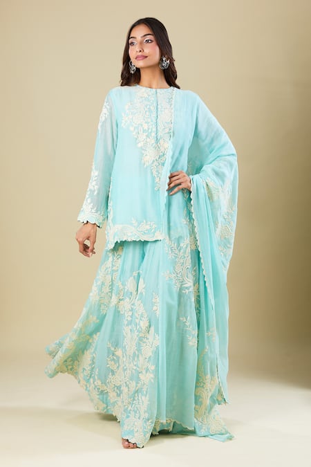 Anamika Khanna Aqua Embroidered Kurta Sharara Set 
