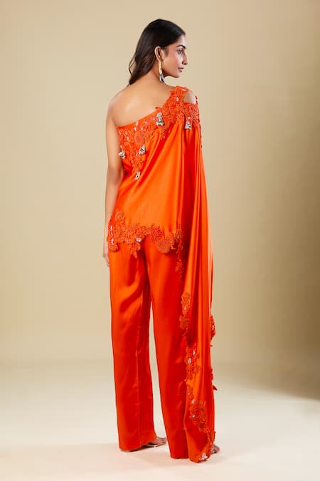 Anamika Khanna Coral Embroidered One Shoulder Tunic & Pant Set 