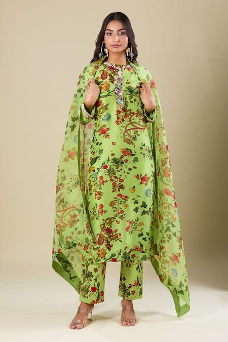 Anamika Khanna Floral Print Lime Green Kurta Set 