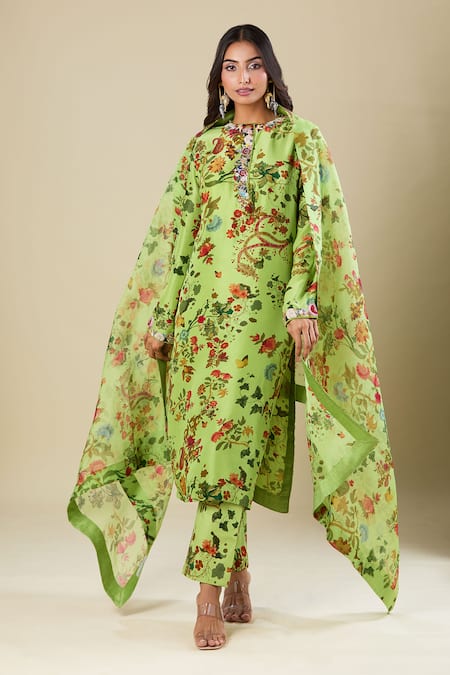 Anamika Khanna_Green Cotton Embroidery Round Neck Floral Print Lime Kurta Set _Online_at_Aza_Fashions