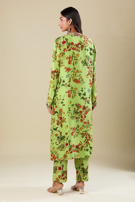 Anamika Khanna Floral Print Lime Green Kurta Set 